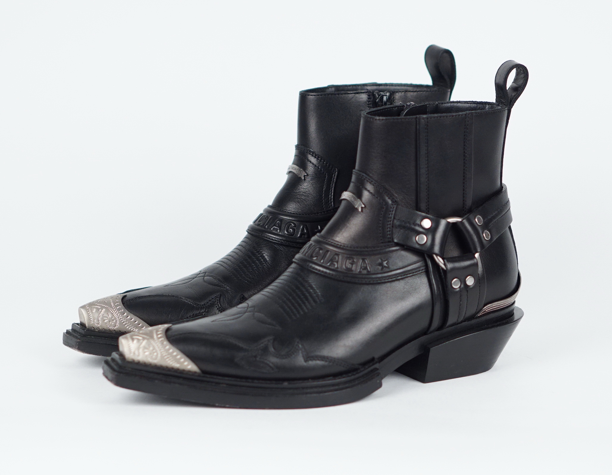  Black Santiag Leather Ankle Boots 