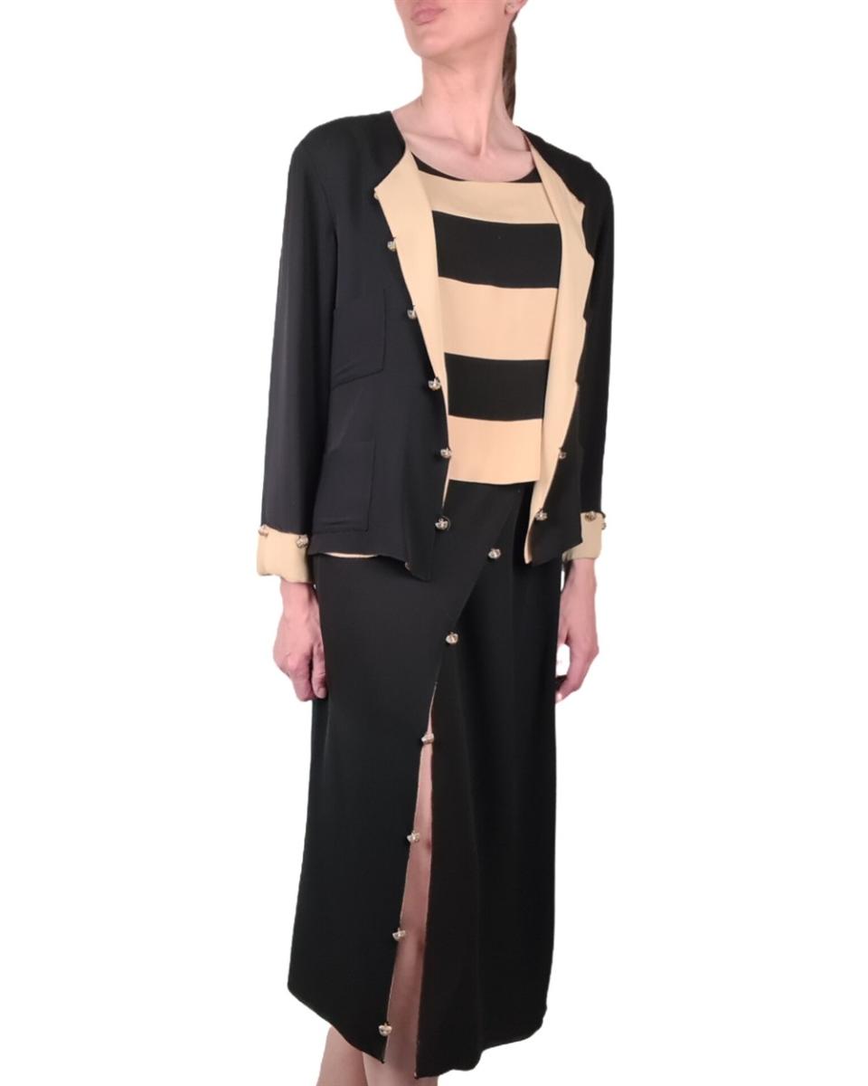 KOSTÜME - CHANEL BOUTIQUE GESTREIFTER 3-TEILER SCHWARZ BEIGE