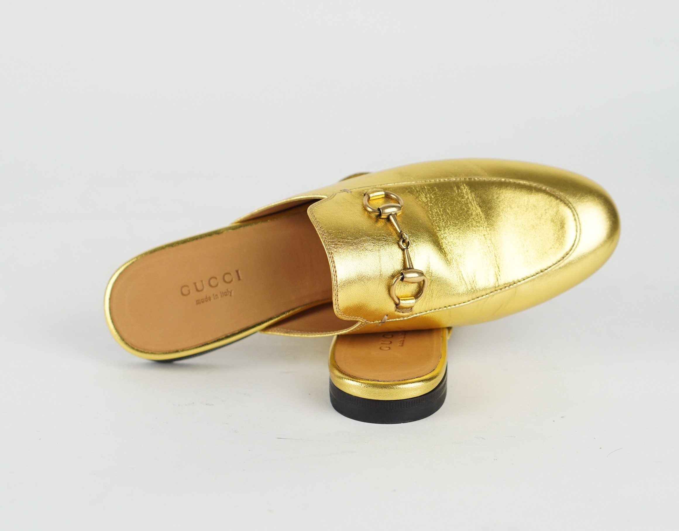 Gold Leather Princetown Mule Flats 