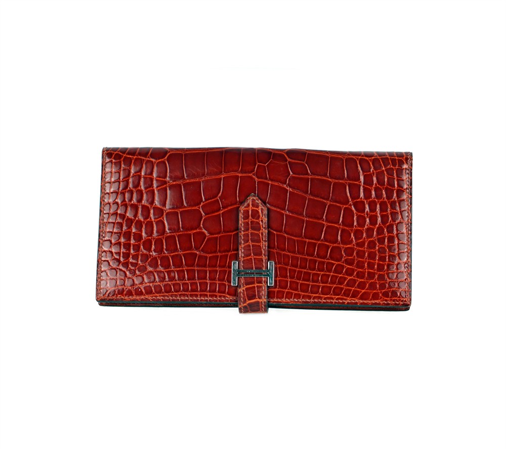 WALLET -HERMÈS ALLIGATOR LEATHER BÉARN RED