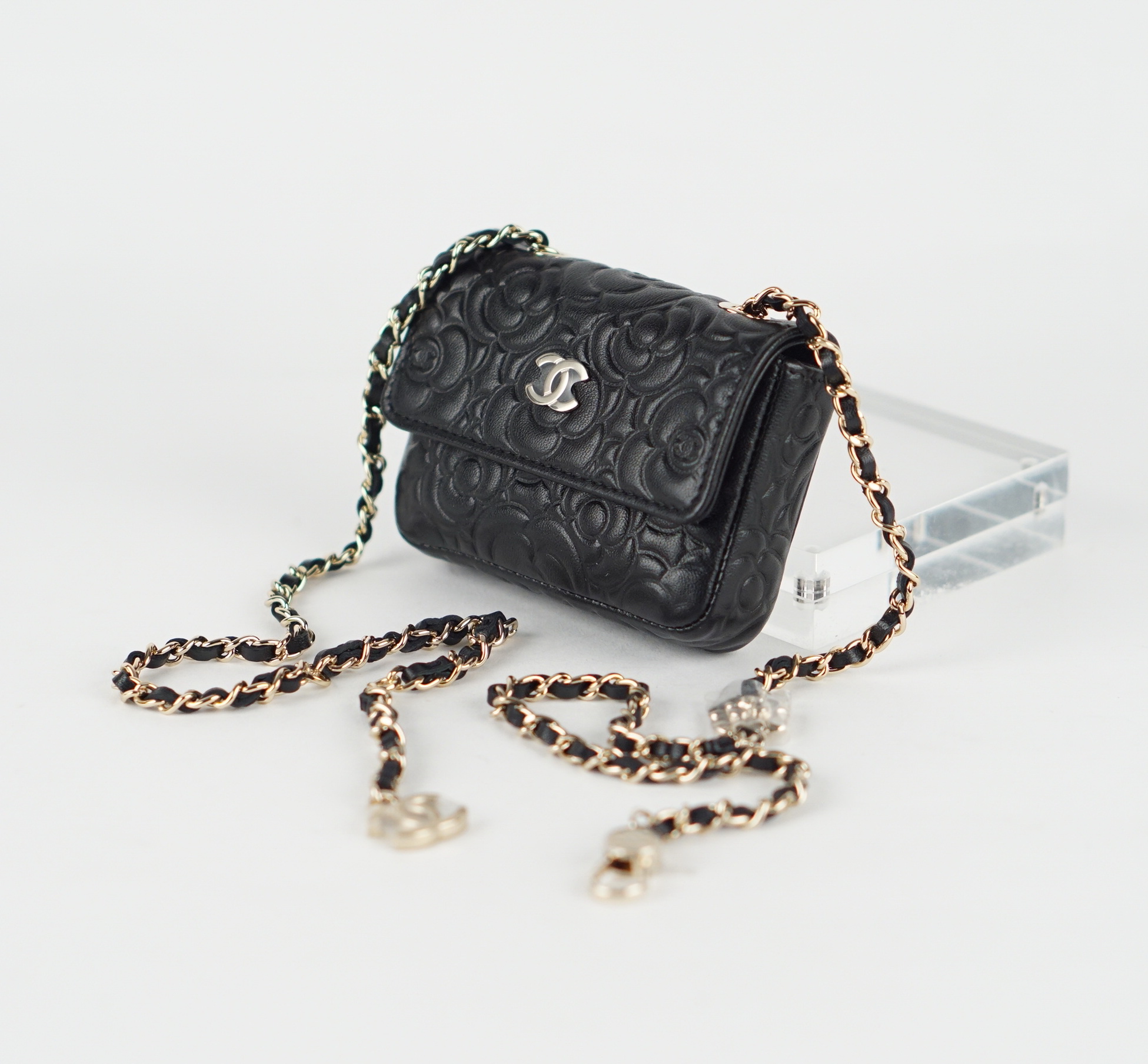 Mini Caviar Camellia Embossed Chain Belt Bag 