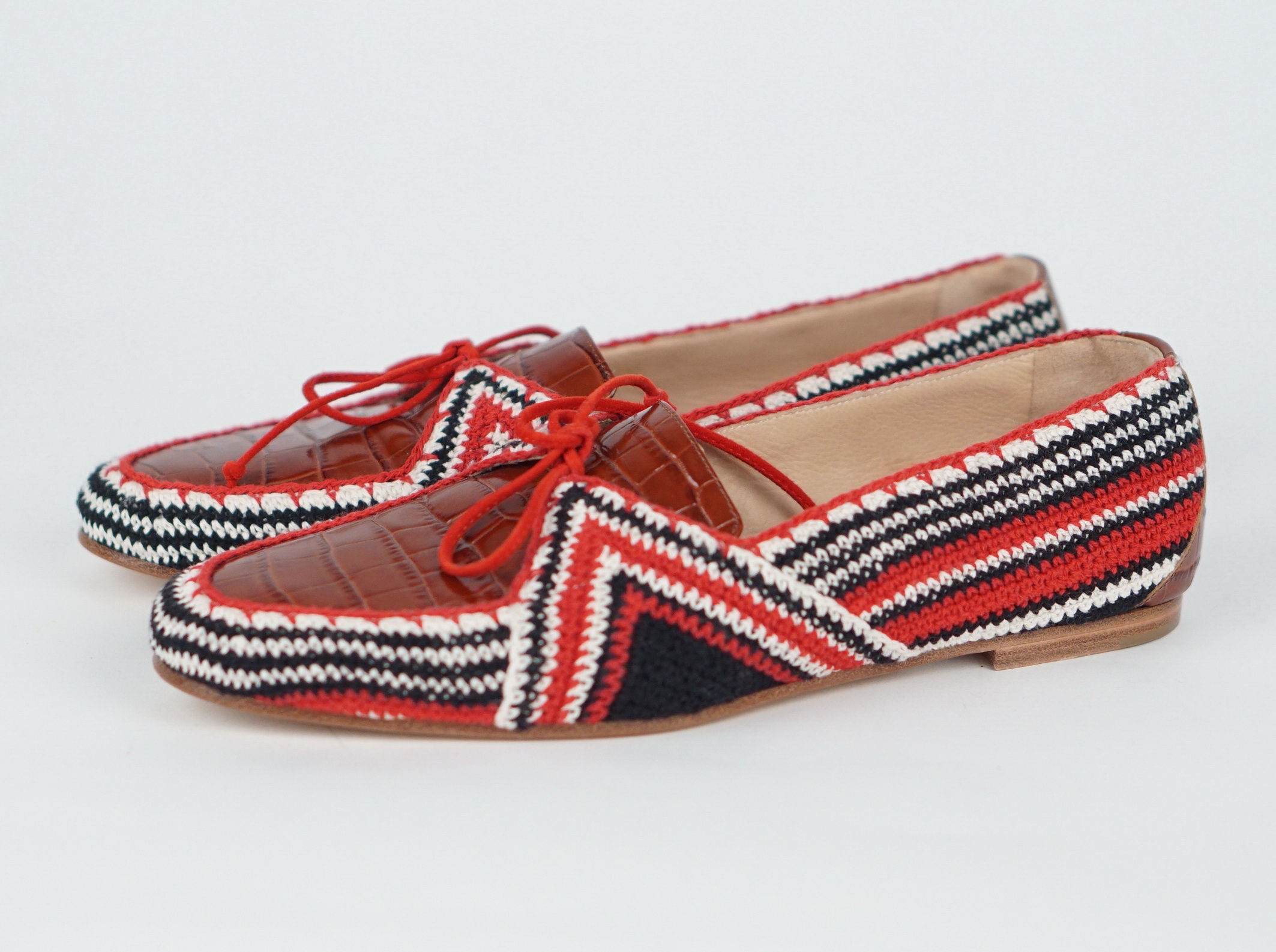 Crocheted Cotton And Leather Loafers 