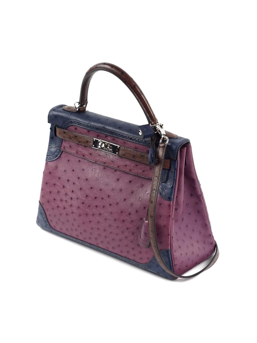 HENKELTASCHE - HERMES KELLY 32 RETOURNE "GHILLIES" TRI-COLOR STRAUßENLEDER PHW, 2013