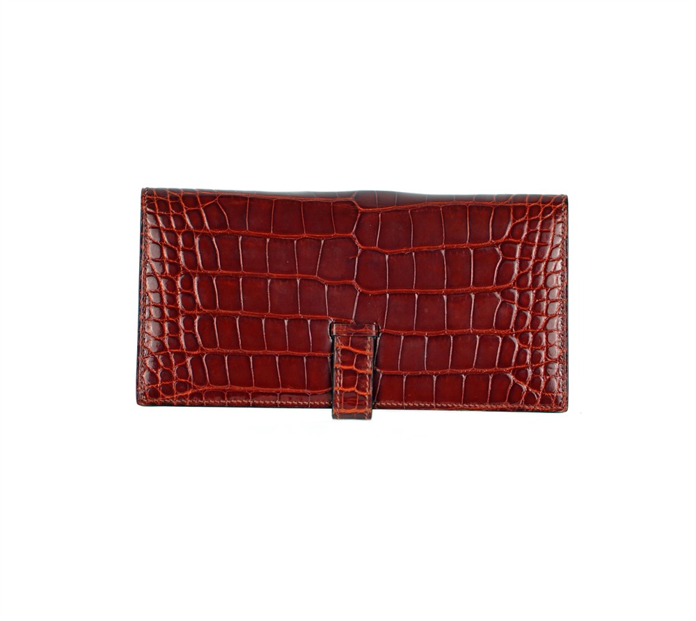 WALLET -HERMÈS ALLIGATOR LEATHER BÉARN RED