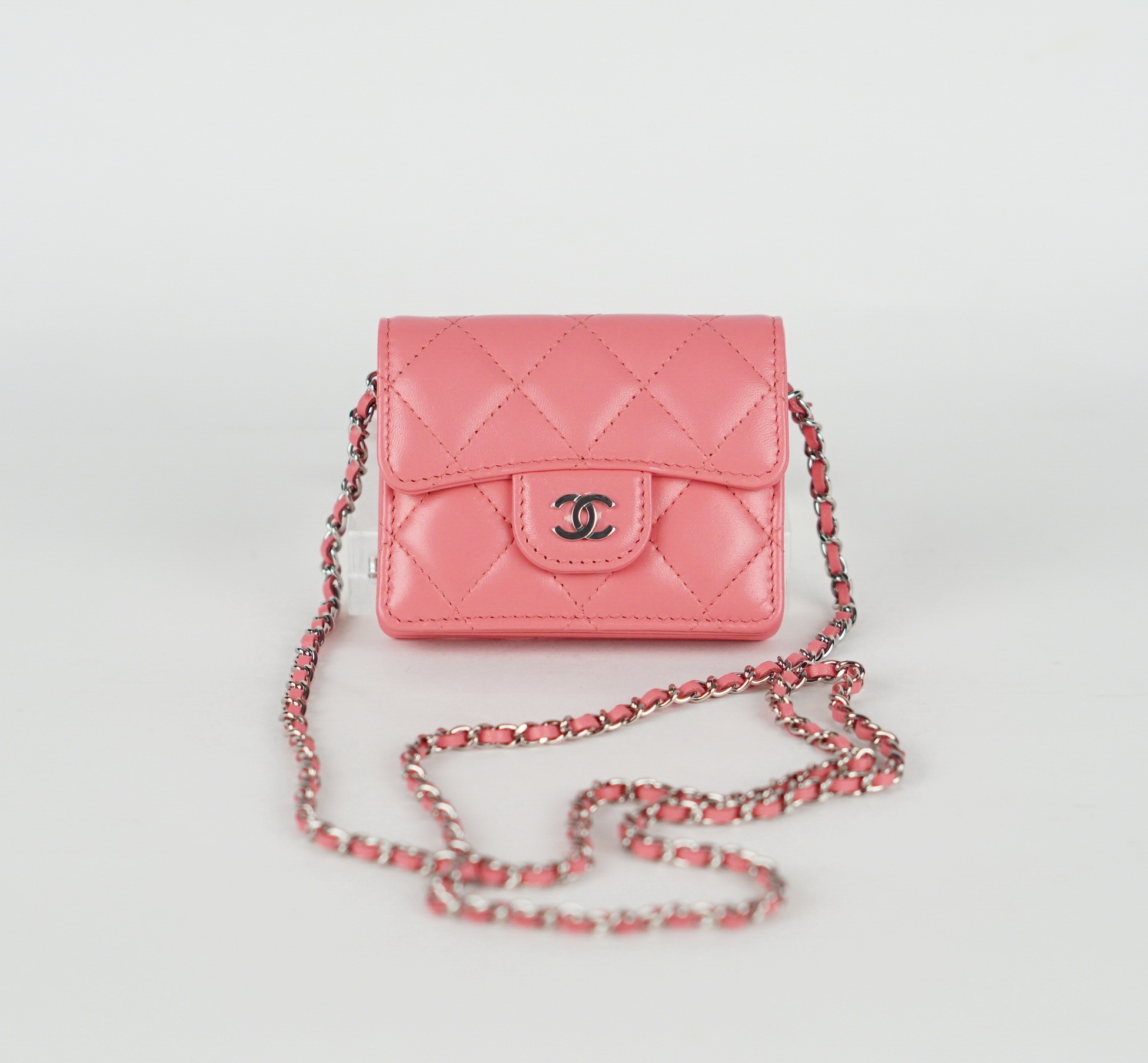 UMHÄNGETASCHE - CHANEL CLASSIC FLAP CARD HOLDER WITH CHAIN LIGHT PINK