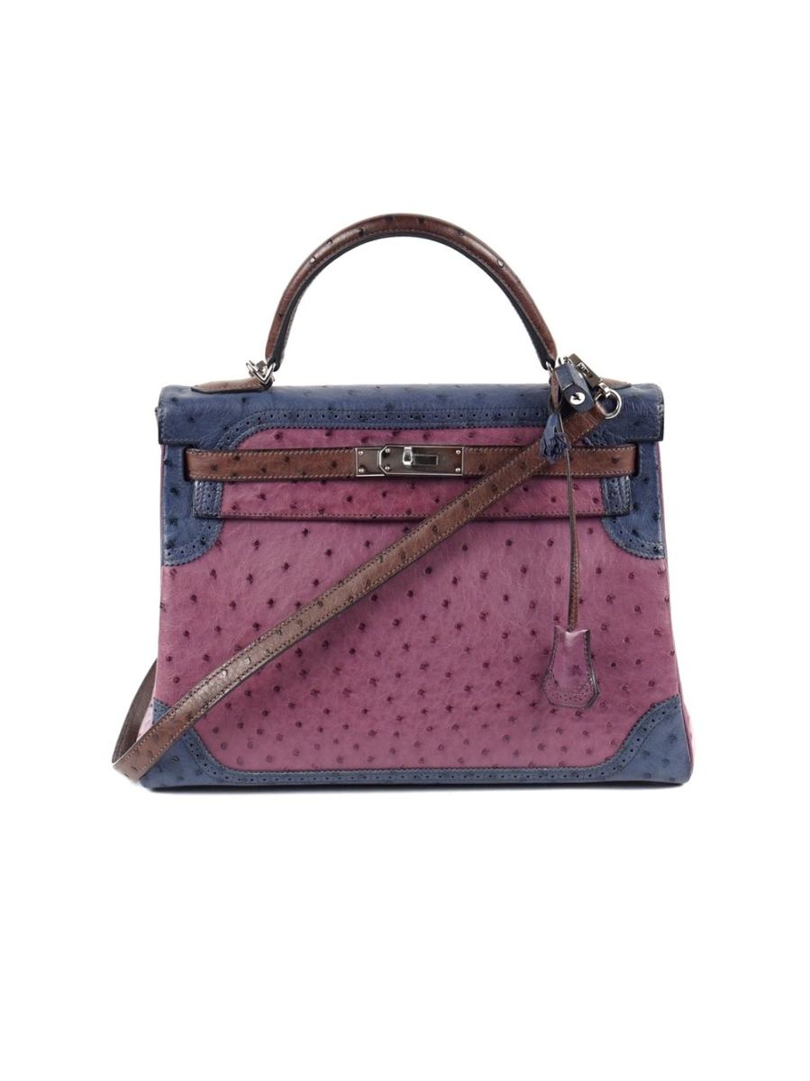 HENKELTASCHE - HERMES KELLY 32 RETOURNE "GHILLIES" TRI-COLOR STRAUßENLEDER PHW, 2013