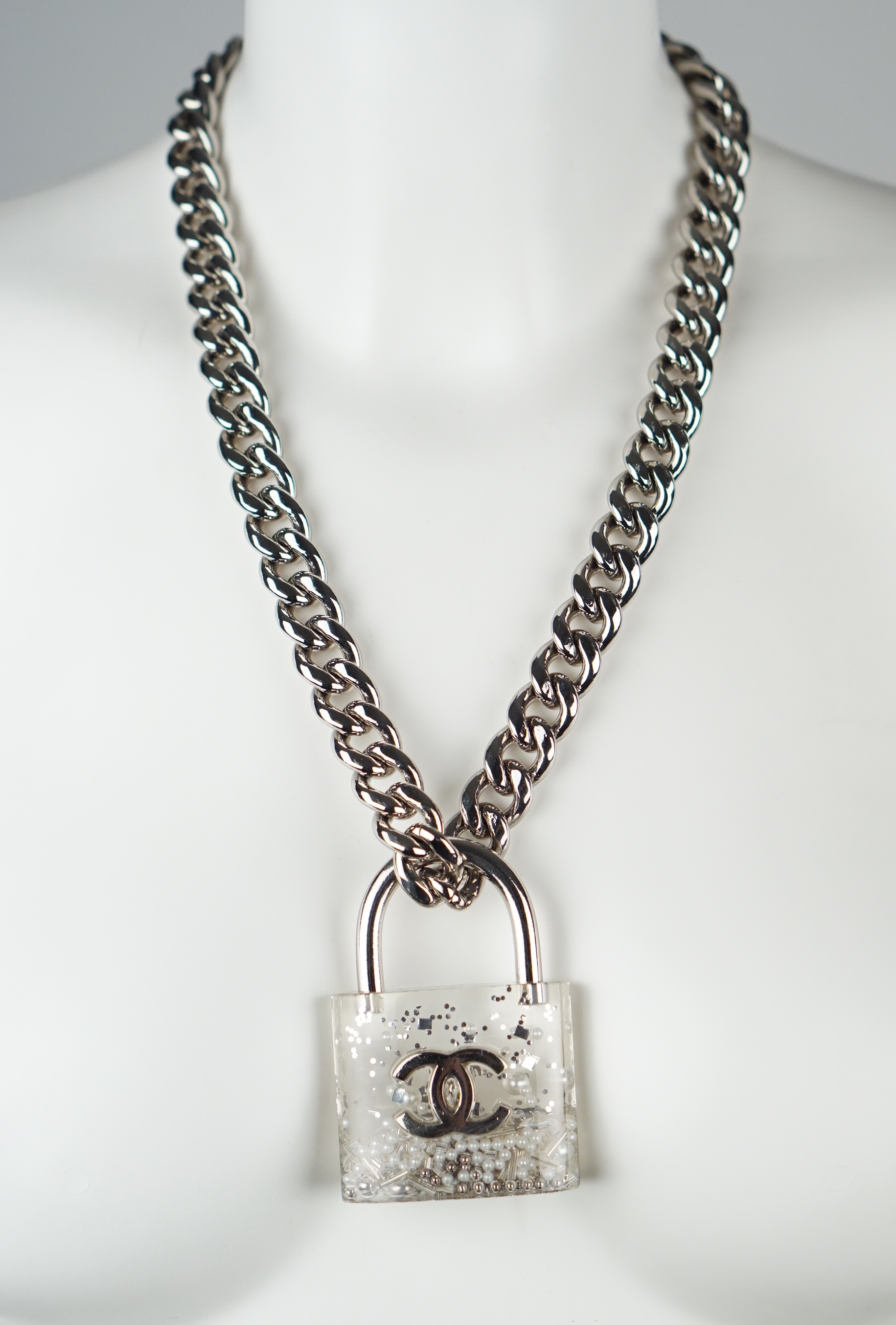 Resin CC Oversized Padlock Necklace Silver Pearly White 