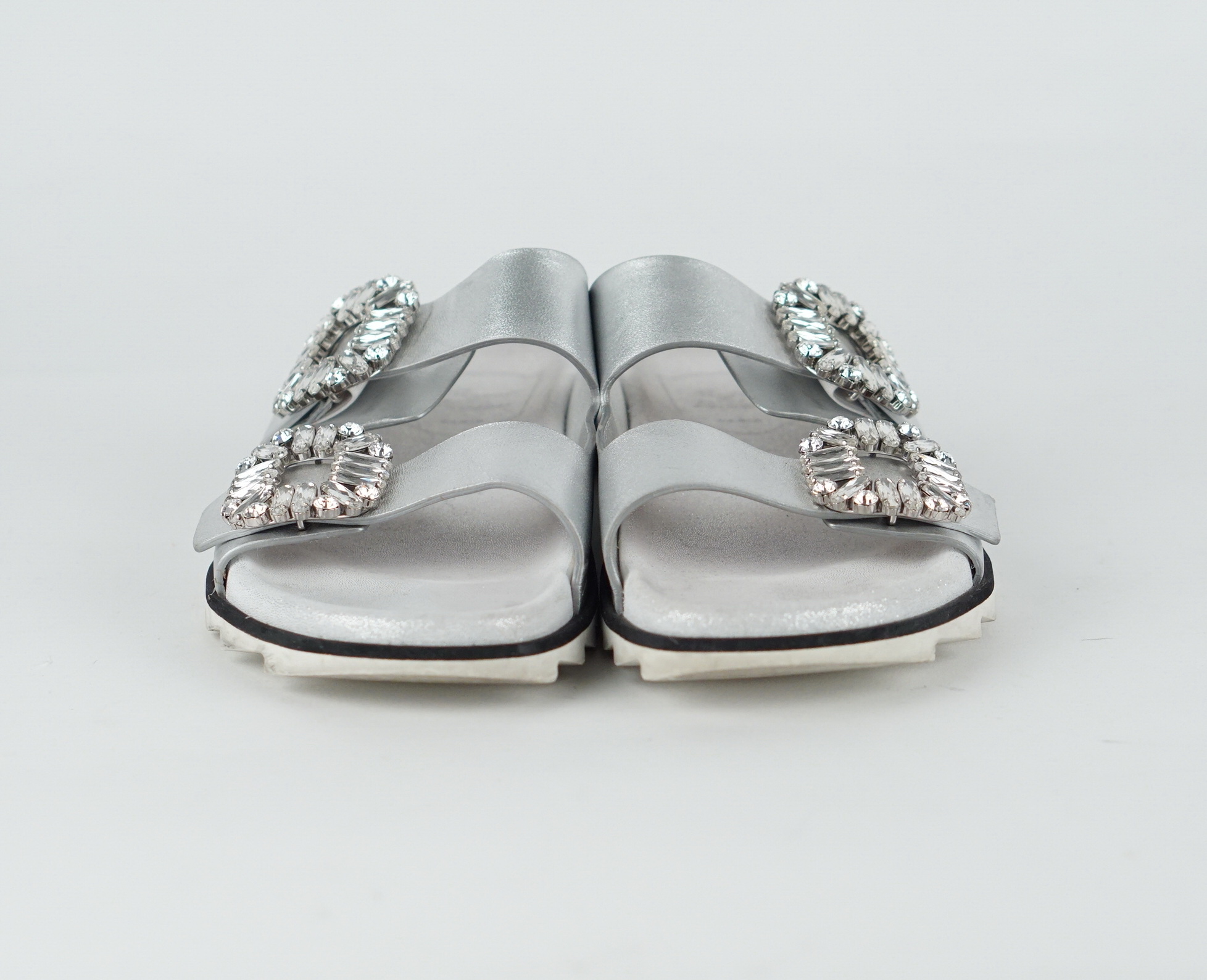 Slidy Viv' Strass Crystal-Embellished Leather Sliders 
