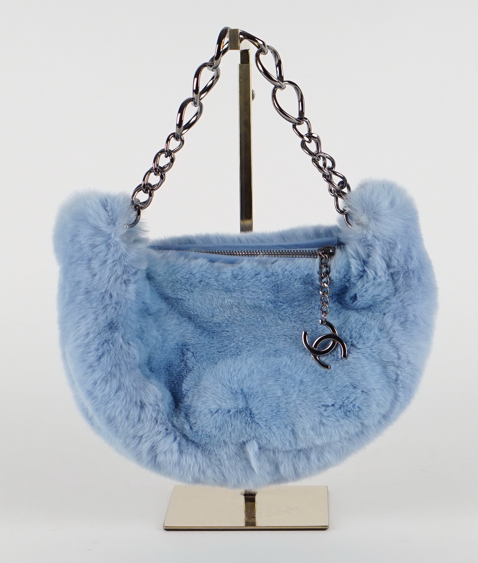 Hobo Chain Blue Rabbit Fur Shoulder Bag