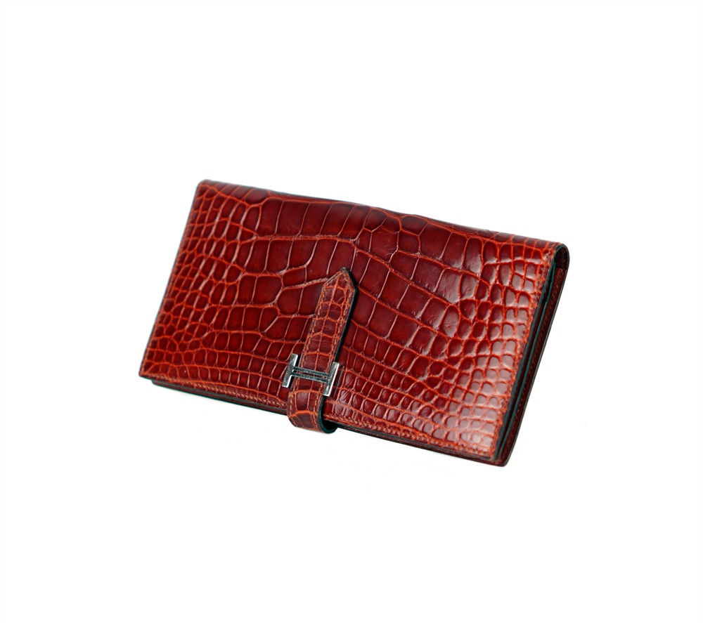 WALLET -HERMÈS ALLIGATOR LEATHER BÉARN RED