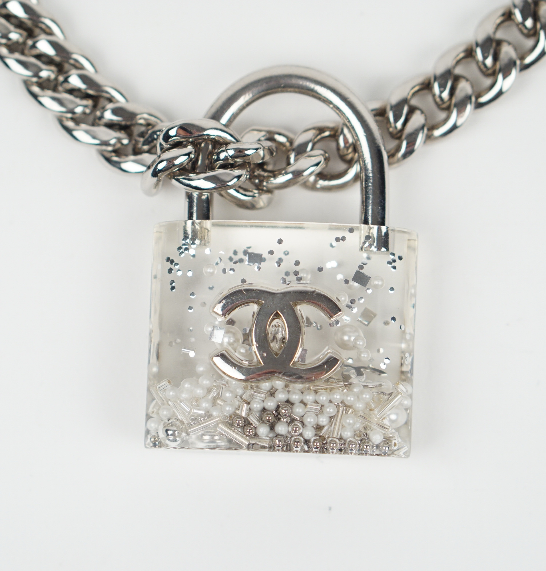 Resin CC Oversized Padlock Necklace Silver Pearly White 