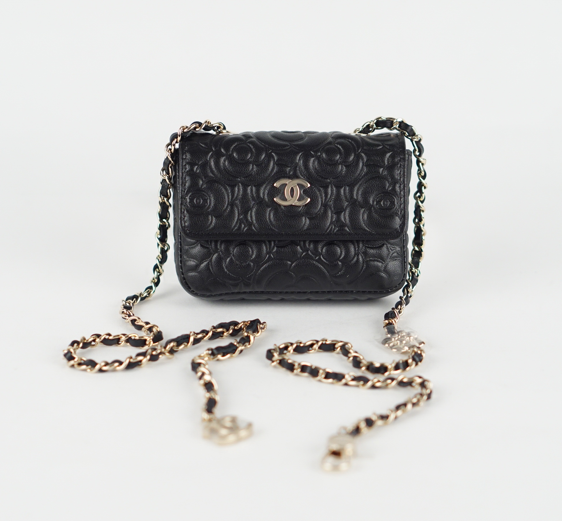 Mini Caviar Camellia Embossed Chain Belt Bag 