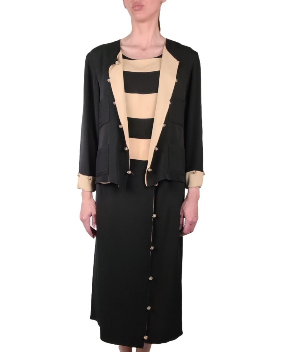 KOSTÜME - CHANEL BOUTIQUE GESTREIFTER 3-TEILER SCHWARZ BEIGE