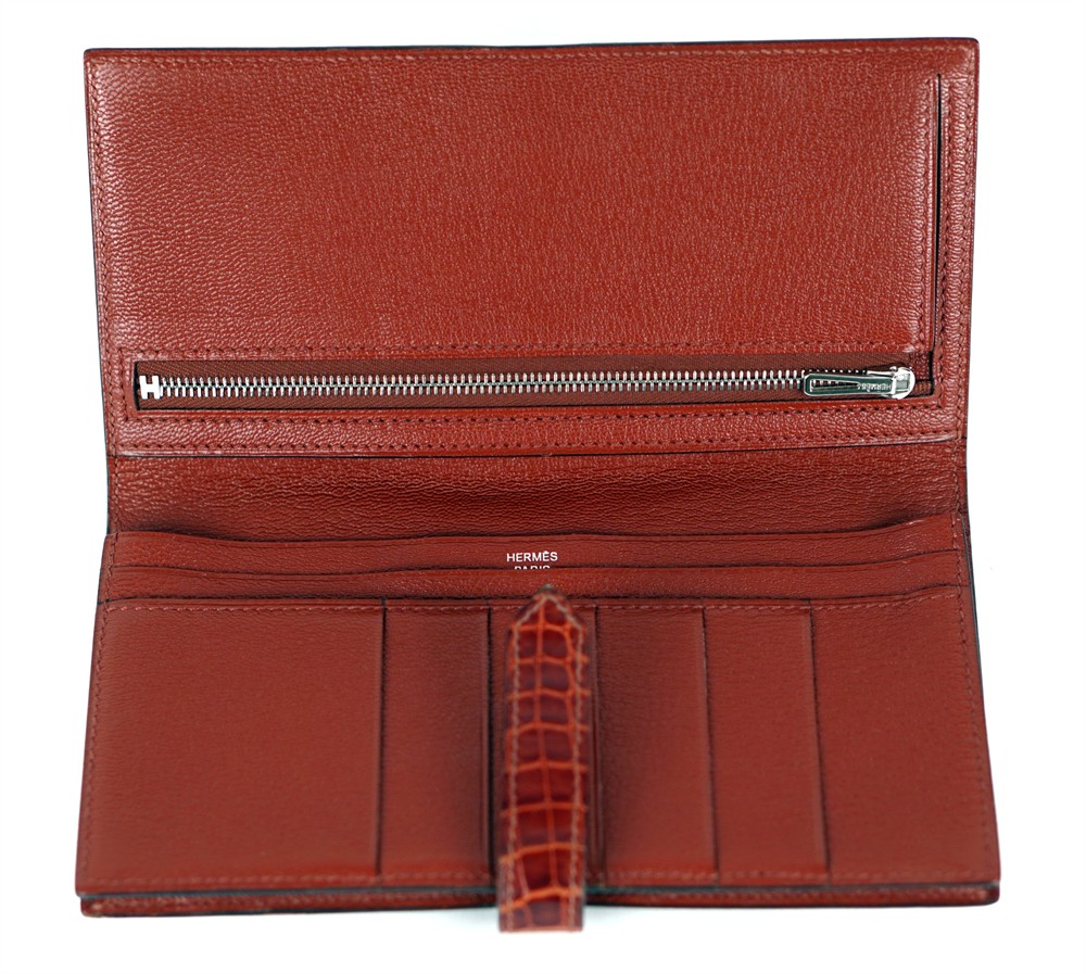 WALLET -HERMÈS ALLIGATOR LEATHER BÉARN RED